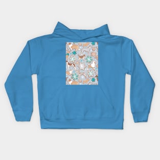 Catching ice and sweetness // pattern // pastel blue background gingerbread white brown grey and dogs and snowflakes turquoise details Kids Hoodie